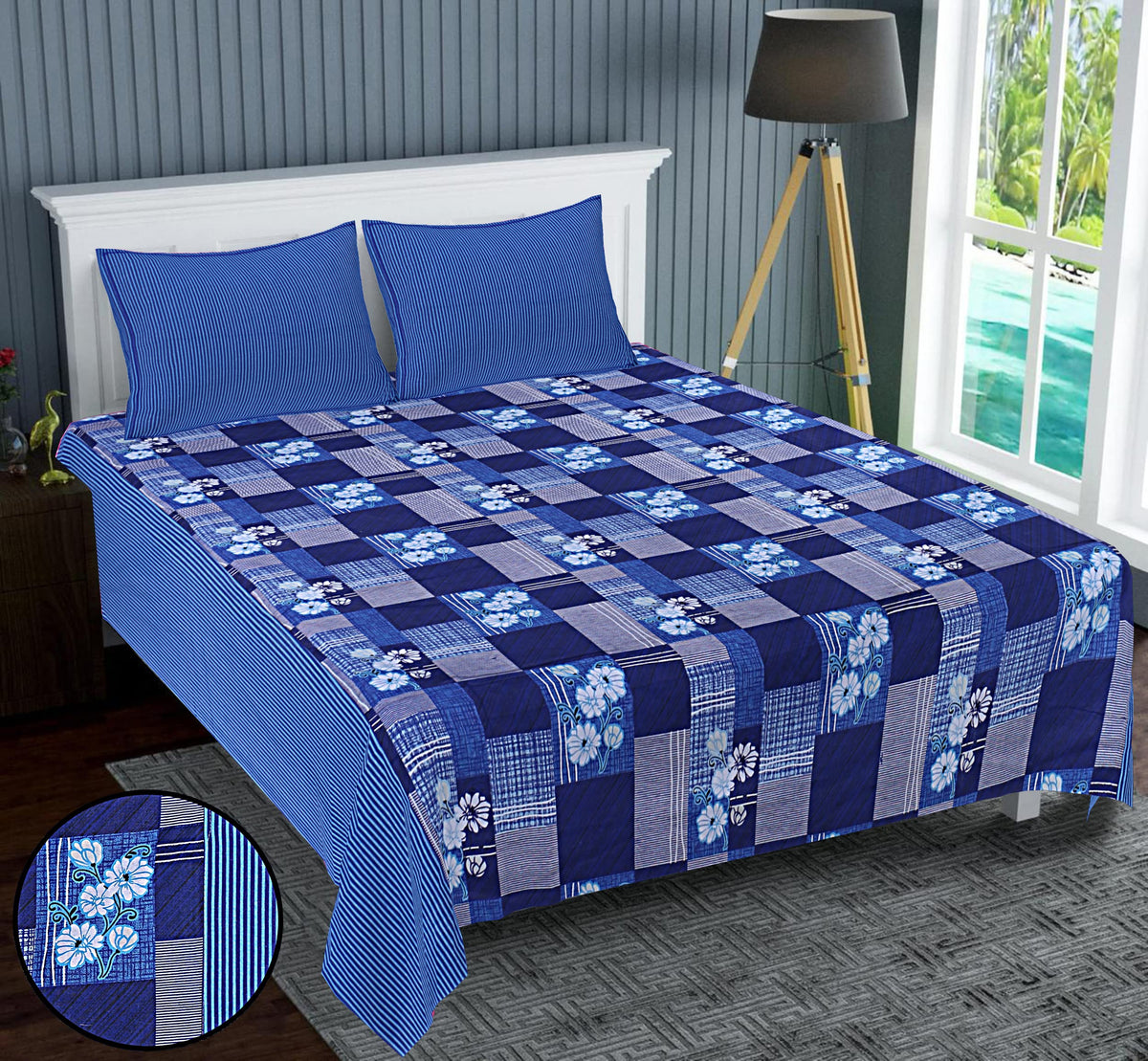 Homestic Double Bedsheet(228 * 254 cm)|Cotton 120 TC Luxury Printed Soft & Lightweight Bedsheet for Double Bed with 2 Pillow Covers (Blue)