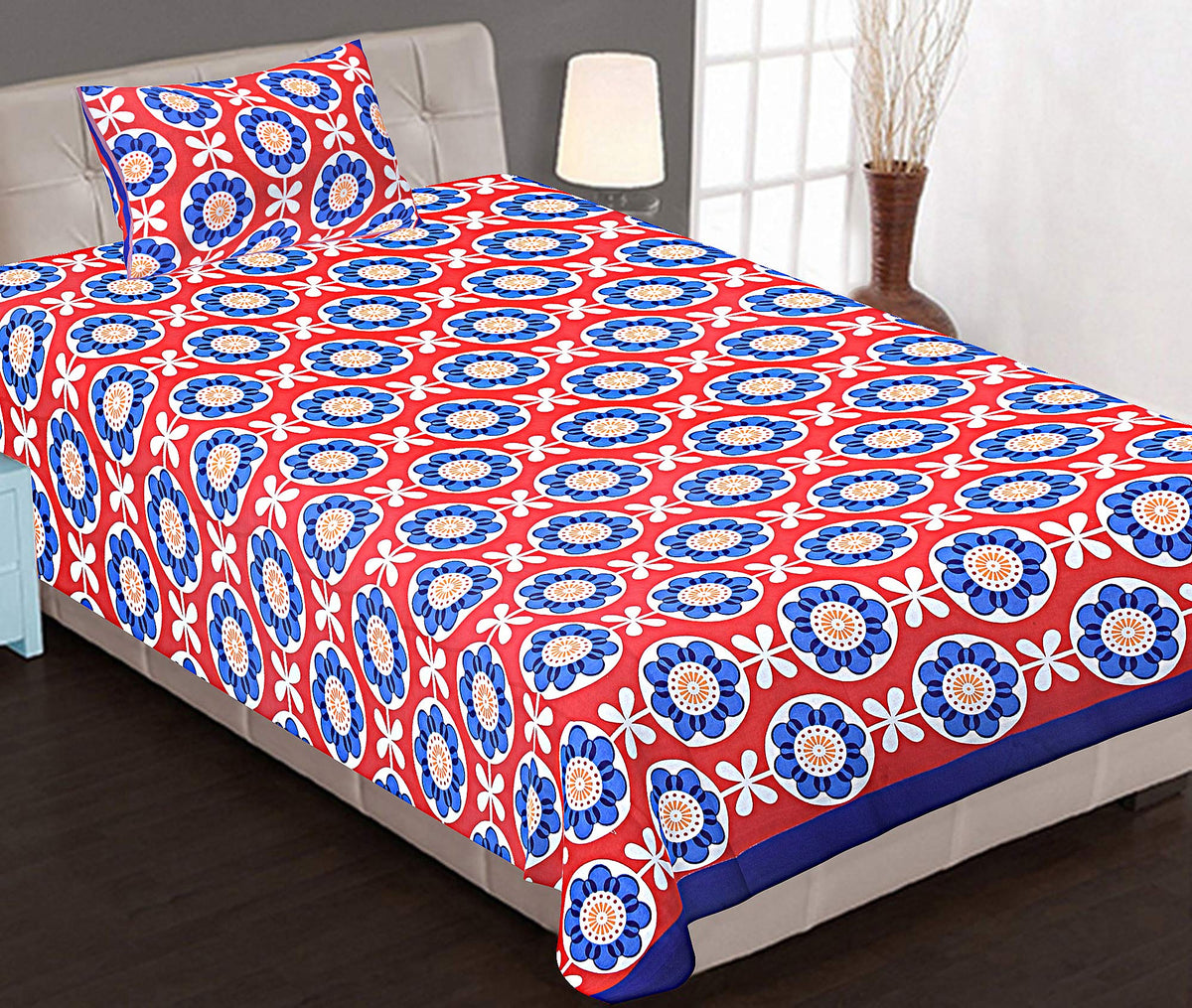 Kuber Industries 100 Percent Cotton 144 TC Single Bed Sheet with 1 Pillow Covers (Red), CTKTC13541,Standard