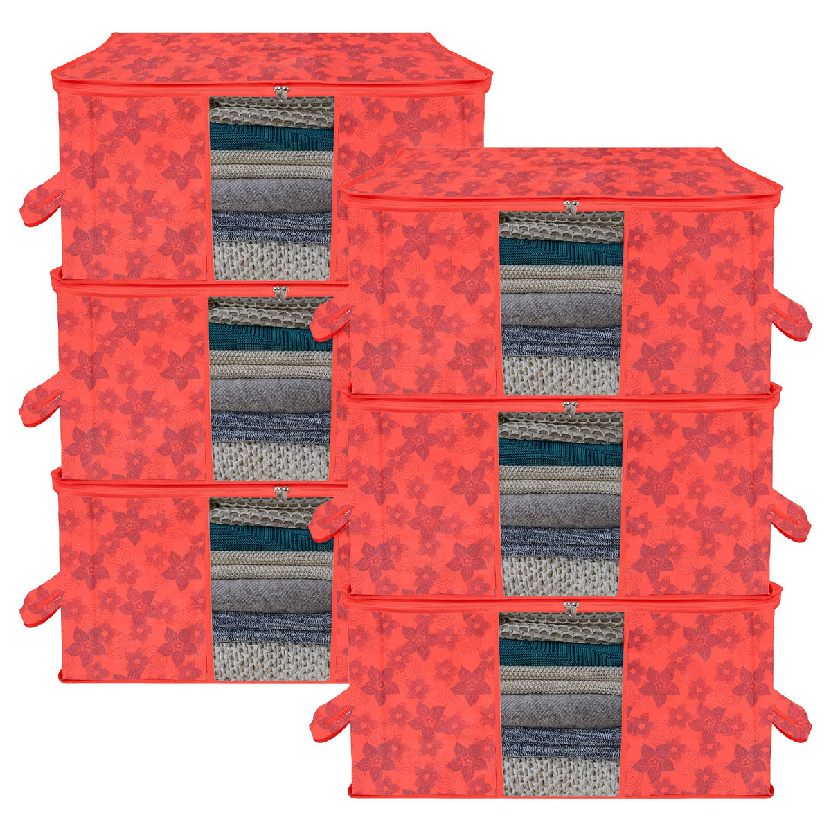 Heart Home Underbed Storage Bag | Clothes Storage Organizer | Blanket Cover with Clear Window | Zipper Closure & Handle Cloth Organizer | New Flower-Design | Large | Pack of 6 | Red