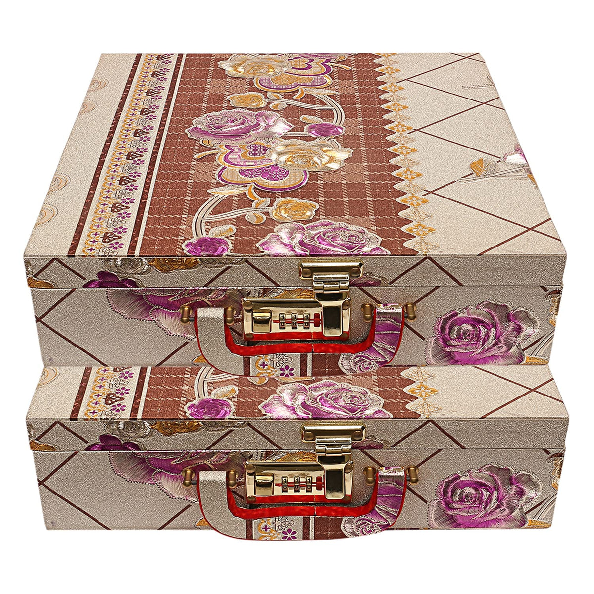 Kuber Industries Multipurpose Wooden Floral Design 5 Rod Bangle Box/Organizer/Case With Mirror & Number Lock System - Pack of 2 (Gold)-47KM0663