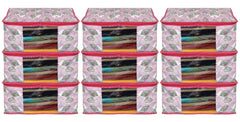 Heart Home Leaf Design Non-woven Sarees, Clothes Cover/Organizer With Transparent Window- Pack of 9 (Pink)-44HH0366