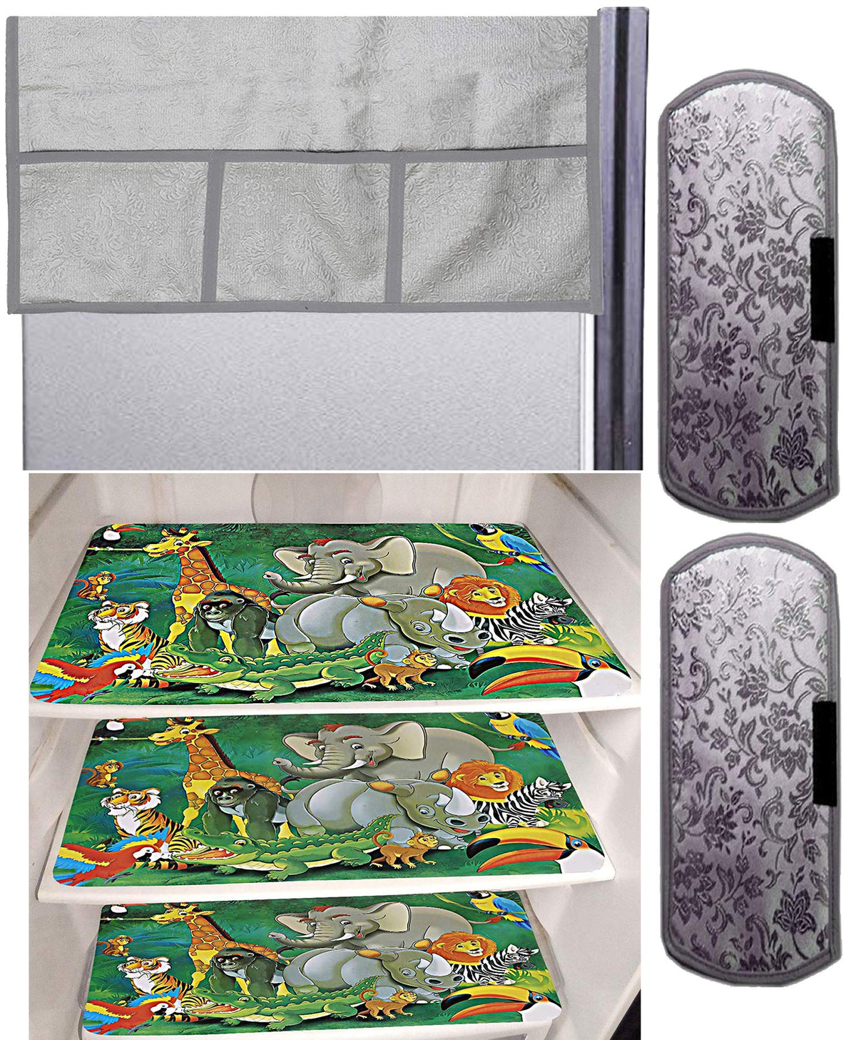 Kuber Industries Cartoon Design 3 Pieces PVC Fridge Mats,2 Piece Handle Cover and 1 Piece Fridge Top Cover (Silver) - CTKTC39682
