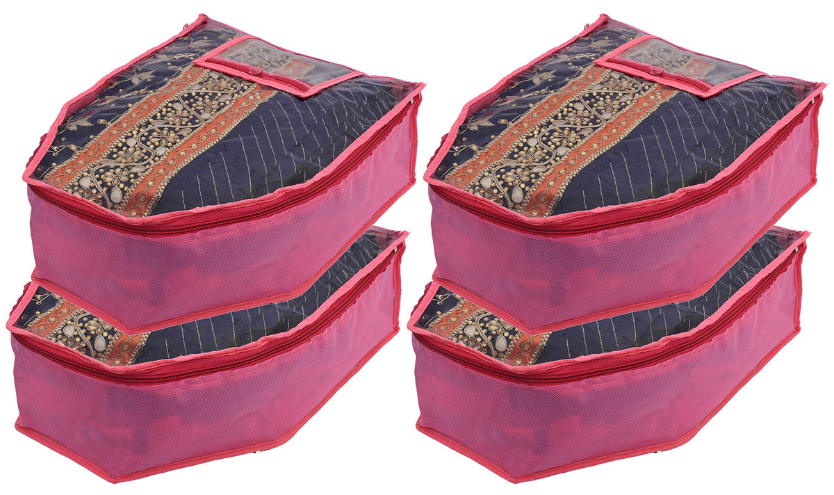 Kuber Industries 4 Piece Non Woven Blouse Cover with Front Transparent Window with Attached Pocket Set (Pink)