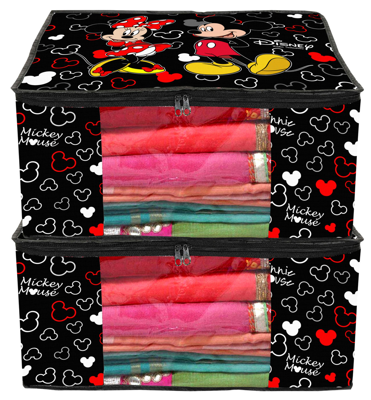 Kuber Industries Disney Mickey Print 2 Piece Non Woven Fabric Saree Cover Set with Transparent Window, Extra Large (Black) -HS_35_KUBMARTS18126