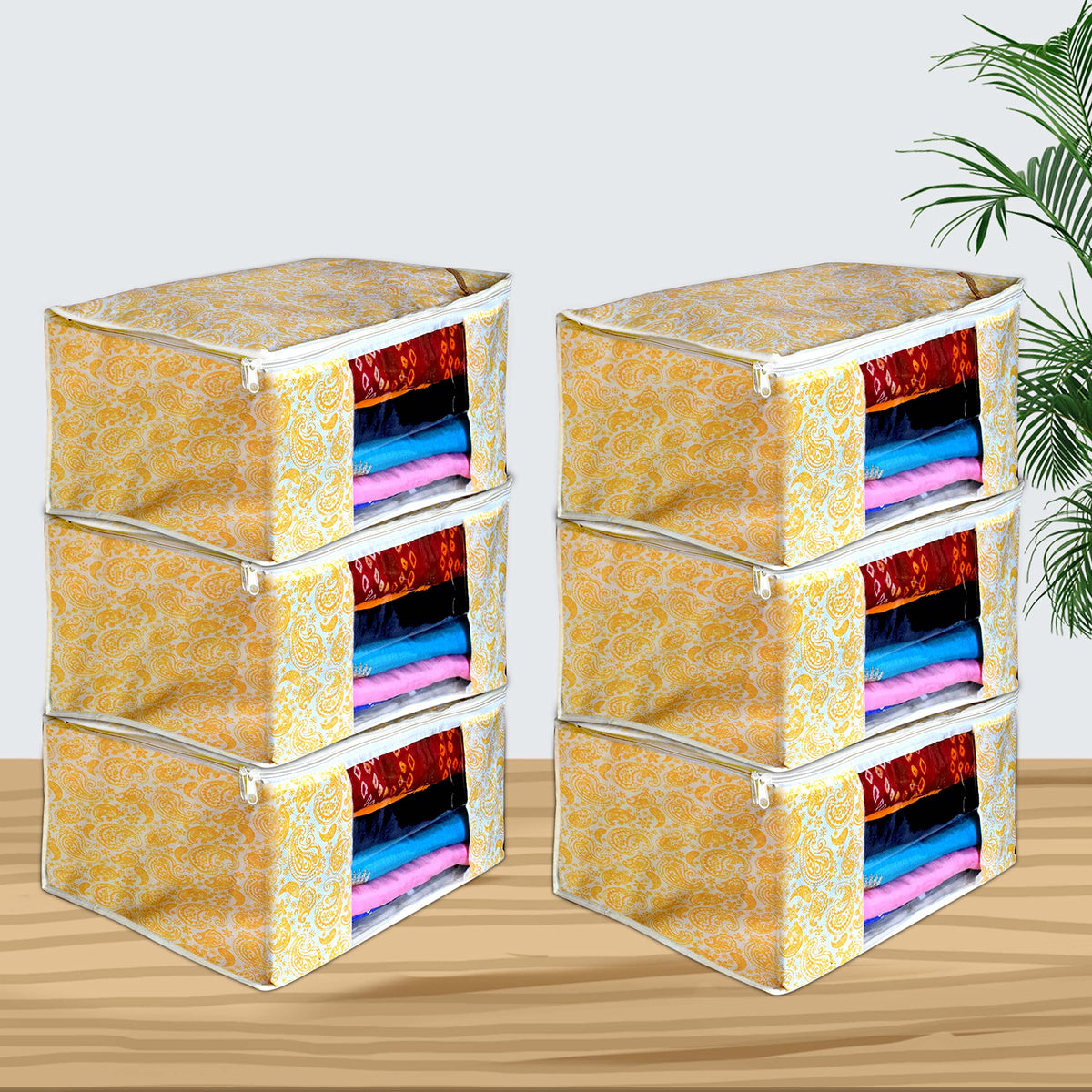 Homestic Set of 6 Foldable Non Woven saree covers with Zip|Saree & Clothes Organiser for wardrobe |Transparent Window With Premium Zipper|Suitable for Lehenga, Suit, Dress (Gold)
