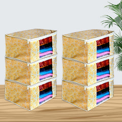 Homestic Set of 6 Foldable Non Woven saree covers with Zip|Saree & Clothes Organiser for wardrobe |Transparent Window With Premium Zipper|Suitable for Lehenga, Suit, Dress (Gold)