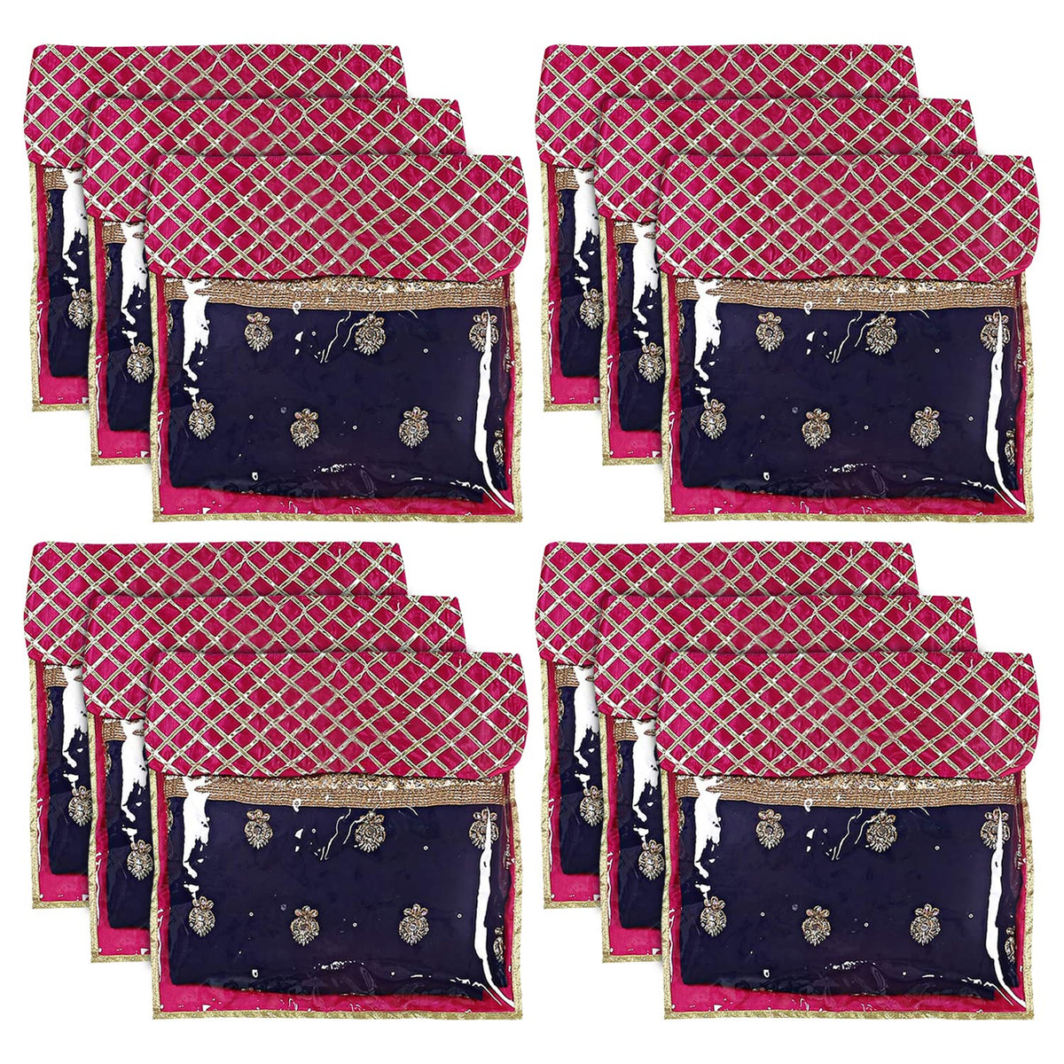 Heart Home Seamless lattice Design Satin Single Saree Cover With Transparent Top- Pack of 12 (Pink)-50HH01348