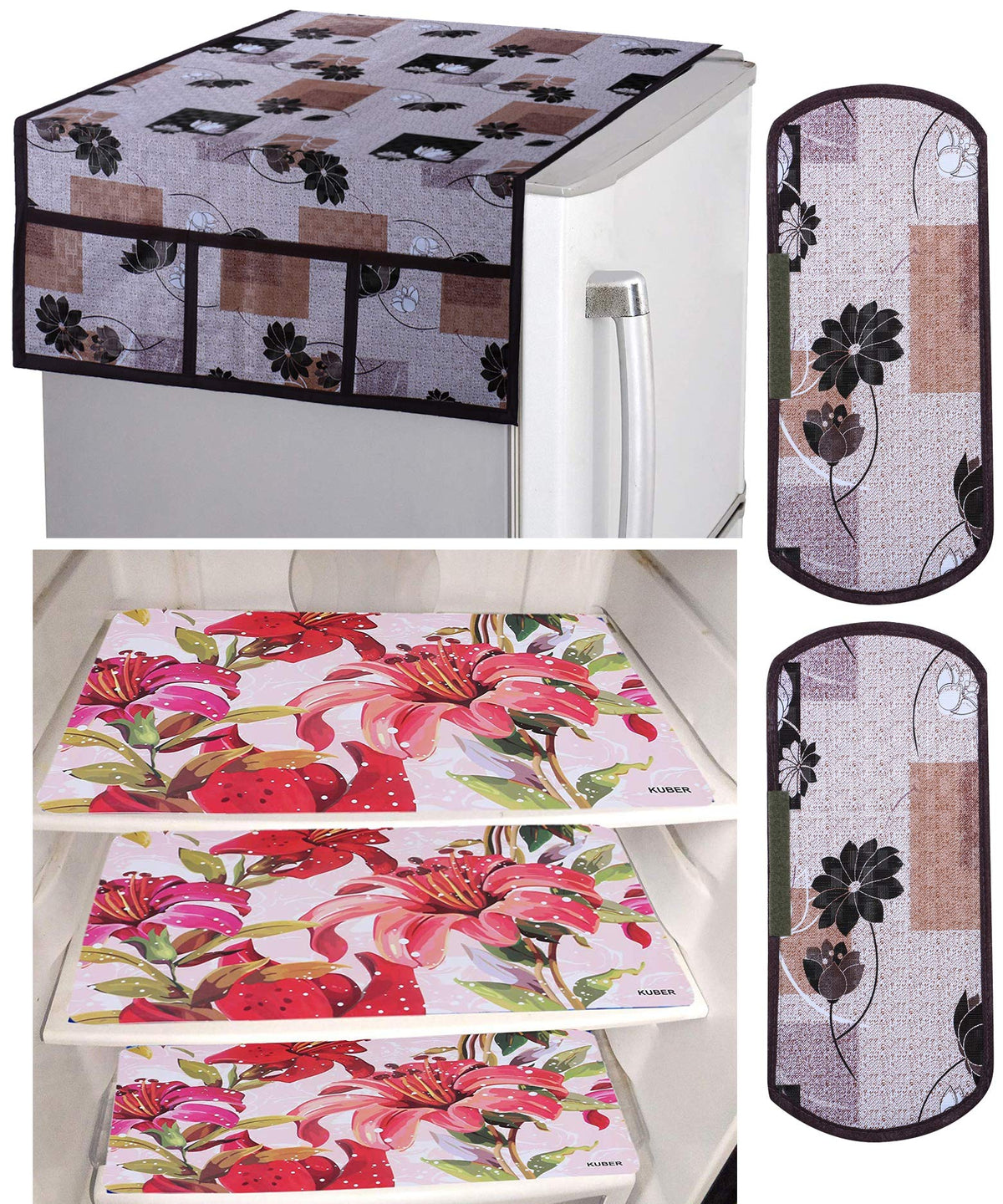 Kuber Industries Flower Design 3 Pieces PVC Fridge Mats, Flower Design 2 Piece Handle Cover and 1 Piece Fridge Top Cover (Brown) - CTKTC039849