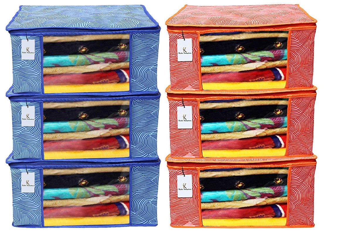Kuber Industries Leheriya Printed 6 Piece Non Woven Fabric Saree Cover Set with Transparent Window, Extra Large, Orange & Blue -CTKTC040852