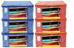 Kuber Industries Leheriya Printed 6 Piece Non Woven Fabric Saree Cover Set with Transparent Window, Extra Large, Orange & Blue -CTKTC040852
