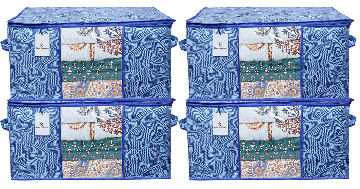 Kuber Industries Leheriya Design Underbed Storage Bag|Large Storage Organiser|Blanket Cover with Transparent Window|Size 65 x 47 x 34 CM|Pack of 4 (Blue), Non-Woven
