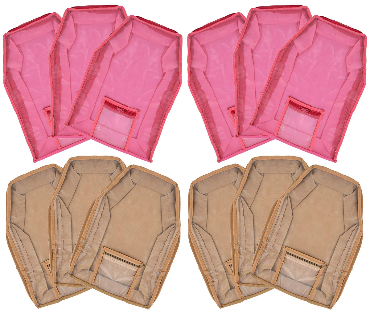 Kuber Industries 12 Piece Non Woven Blouse Cover with Front Transparent Window with Attached Pocket Set (Brown & Pink)