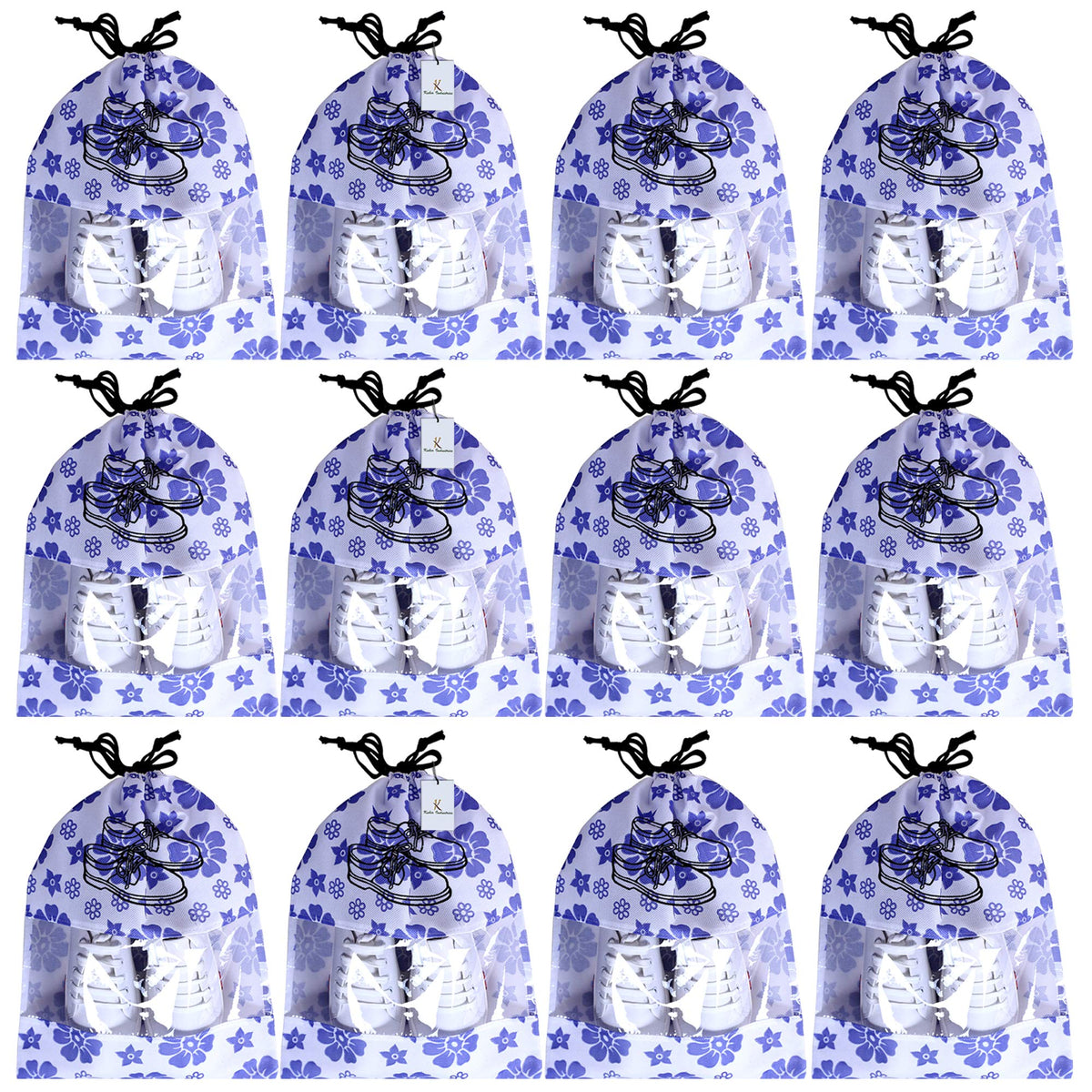 Kuber Industries Flower Design 12 Piece Non Woven Travel Shoe Cover, String Bag Organizer, Royal Blue -CTMTC039527