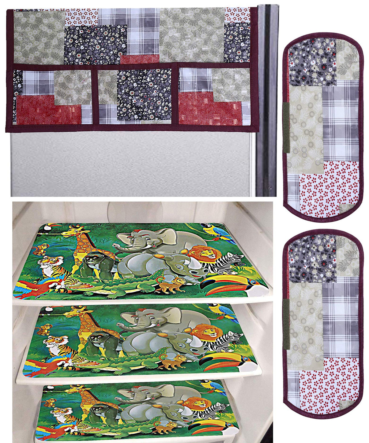 Kuber Industries Cartoon Design 3 Pieces PVC Fridge Mats,2 Piece Handle Cover and 3D Checkered Design 1 Piece Fridge Top Cover (Maroon) - CTKTC39840