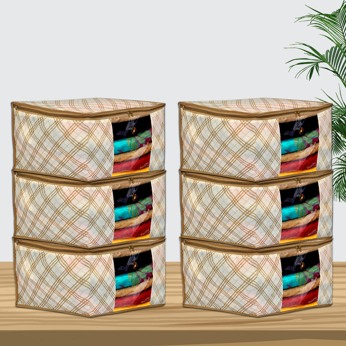 Homestic Set of 6 Foldable Non Woven saree covers with Zip|Saree & Clothes Organiser for wardrobe |Transparent Window With Premium Zipper|Suitable for Lehenga, Suit, Dress (Beige)