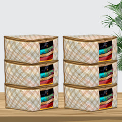 Homestic Set of 6 Foldable Non Woven saree covers with Zip|Saree & Clothes Organiser for wardrobe |Transparent Window With Premium Zipper|Suitable for Lehenga, Suit, Dress (Beige)