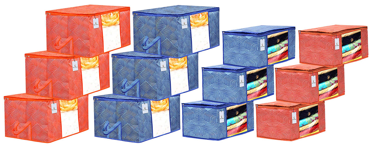 Kuber Industries Leheriya Printed 6 Piece Non Woven Saree Cover And 6 Pieces Underbed Storage Bag, Storage Organiser, Blanket Cover, Orange & Blue -CTKTC42456
