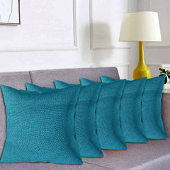Kuber Industries Jute Cotton Decorative Square Cushion Cover, Cushion Case For Sofa Couch Bed 16x16 Inch- Pack of 5 (Blue)