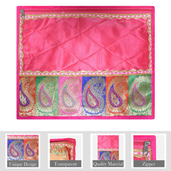 Heart Home Saree Cover | Clothes Storage Bag | Single Packing Saree with Zip Closure | Wardrobe Organizer | Cloth Stoarge Organizer | Carry Half Lace Transparent | Pack of 3 | Pink