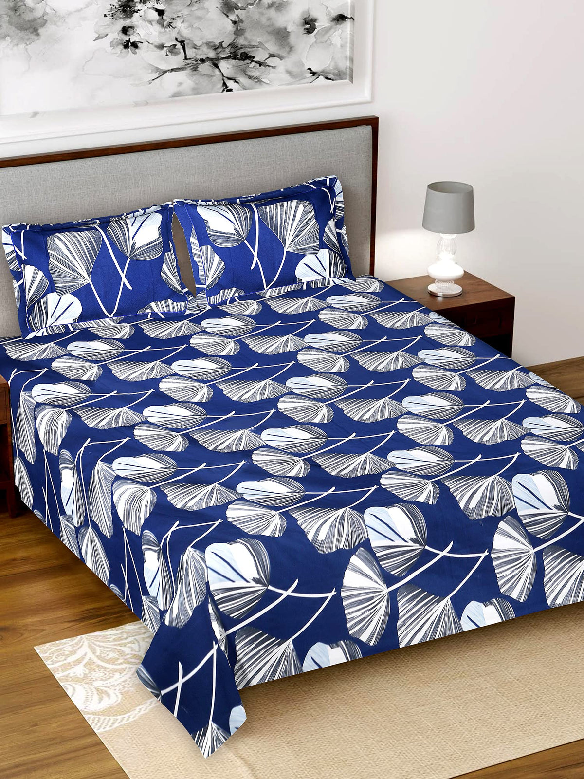 Kuber Industries Double Bedsheet|Glace Cotton Leaf Print Bedsheet with 2 Pillow Covers for Living Room|Bedroom|90x100 Inch (Navy Blue)