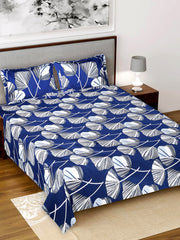 Kuber Industries Double Bedsheet|Glace Cotton Leaf Print Bedsheet with 2 Pillow Covers for Living Room|Bedroom|90x100 Inch (Navy Blue)