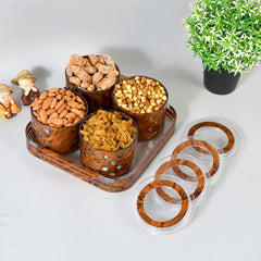 Kuber Industries Wooden Design Plastic Dry Fruits Nuts Snacks Storage Container Set with Serving Tray, Set of 5 (Brown), Standard
