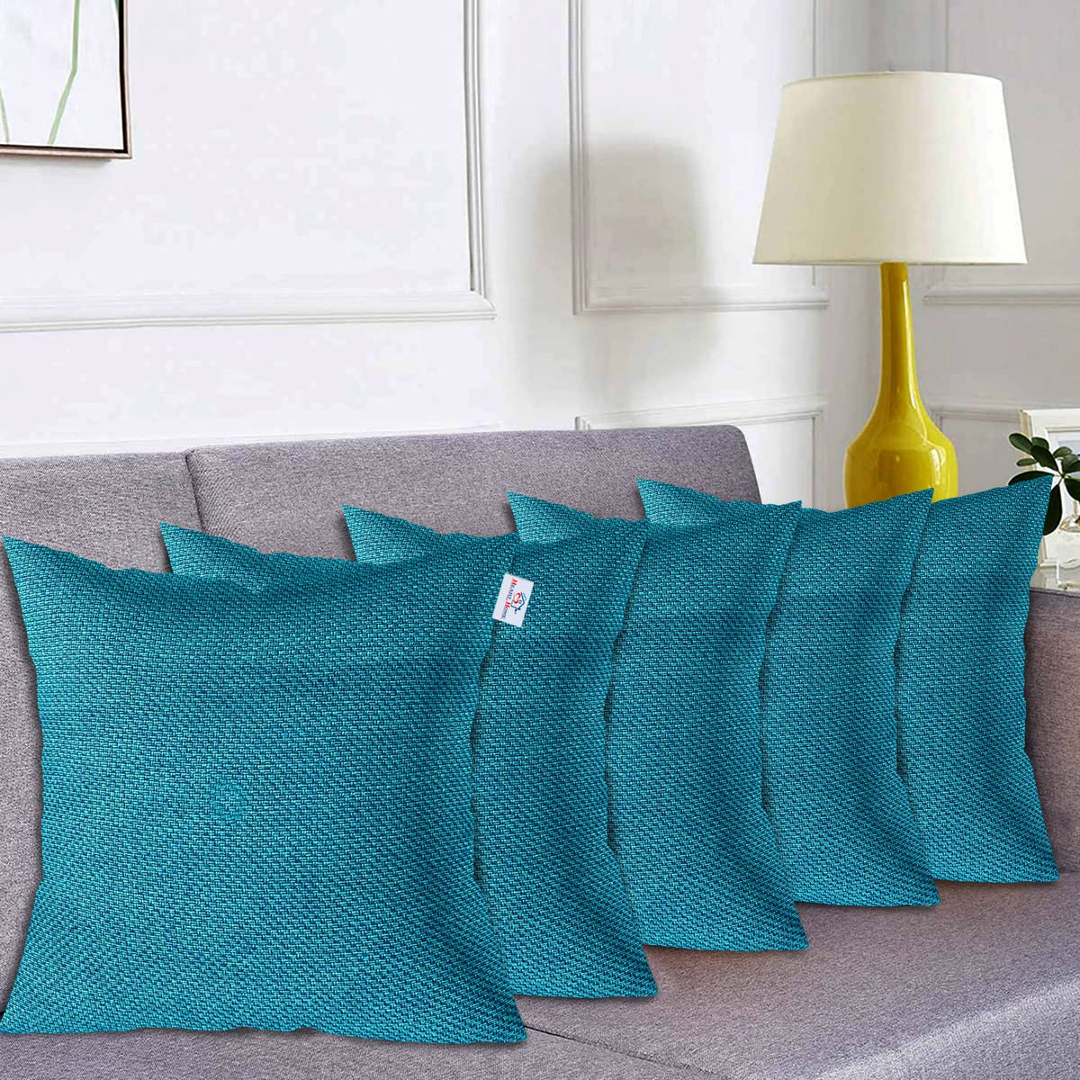 Heart Home Jute Cotton Decorative Square Cushion Cover, Cushion Case for Sofa Couch Bed 16x16 Inch- Pack of 5 (Blue) 52HH3932