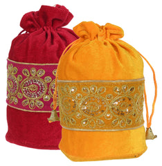 Kuber Industries Embroidered Design Drawstring Potli Bag Party Wedding Favor Gift Jewelry Bags-Pack of 2 (Pink & Yellow)