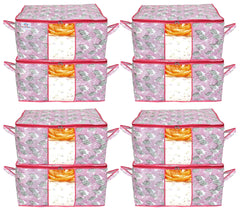 Heart Home Metalic Leafy Print Non Woven 8 Pieces Underbed Storage Bag,Cloth Organiser,Blanket Cover with Transparent Window (Pink)-HHEART16623