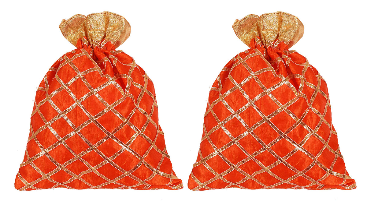 Kuber Industries Potli Bags Handbags for Women Gifting Wristlets for Wedding, Festival, Kitty Subh Shagun-Pack of 2 (Orange)