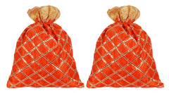 Kuber Industries Potli Bags Handbags for Women Gifting Wristlets for Wedding, Festival, Kitty Subh Shagun-Pack of 2 (Orange)