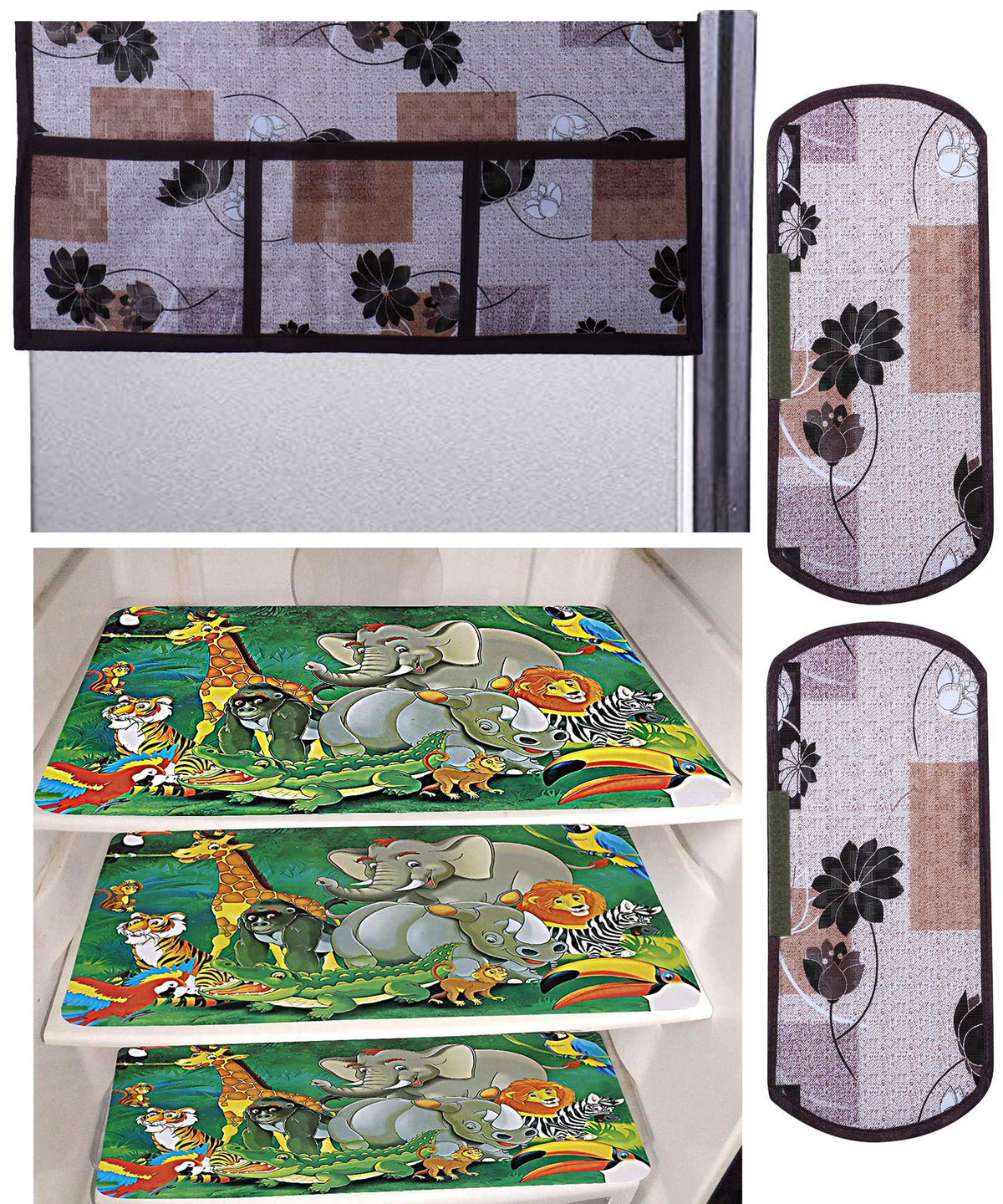 Kuber Industries Cartoon Design 3 Pieces PVC Fridge Mats,Flower Design 2 Piece Handle Cover and 1 Piece Fridge Top Cover (Brown) - CTKTC39856