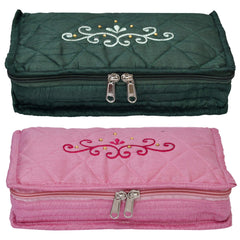 Kuber Industries Embroidery Design Satin Jewellery Pouch Cum Makeup Kit, Pack of 2 (Green & Pink)