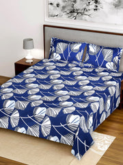 Kuber Industries Double Bedsheet|Glace Cotton Leaf Print Bedsheet with 2 Pillow Covers for Living Room|Bedroom|90x100 Inch (Navy Blue)
