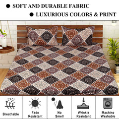 Kuber Industries Fitted Double Bedsheet|Rangoli Print Premium Glace Cotton Elastic Bedsheet with Two Pillow Covers,72 x 78 Inch(Brown)