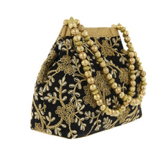 Heart Home Polyester 2 Pieces Embroidered Potli Batwa Pouch Bag for Women (Black) HEART2880