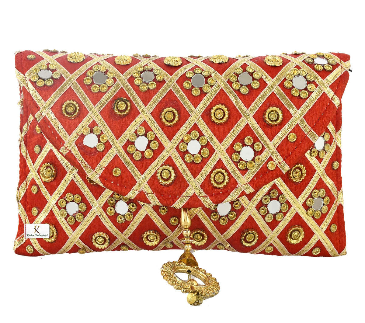 Kuber Industries Women's Silk Traditional Mirror Work Envelope Clutch Bag Purse Handbag for Bridal, Casual, Party, Wedding (Red)-KUBMART11448