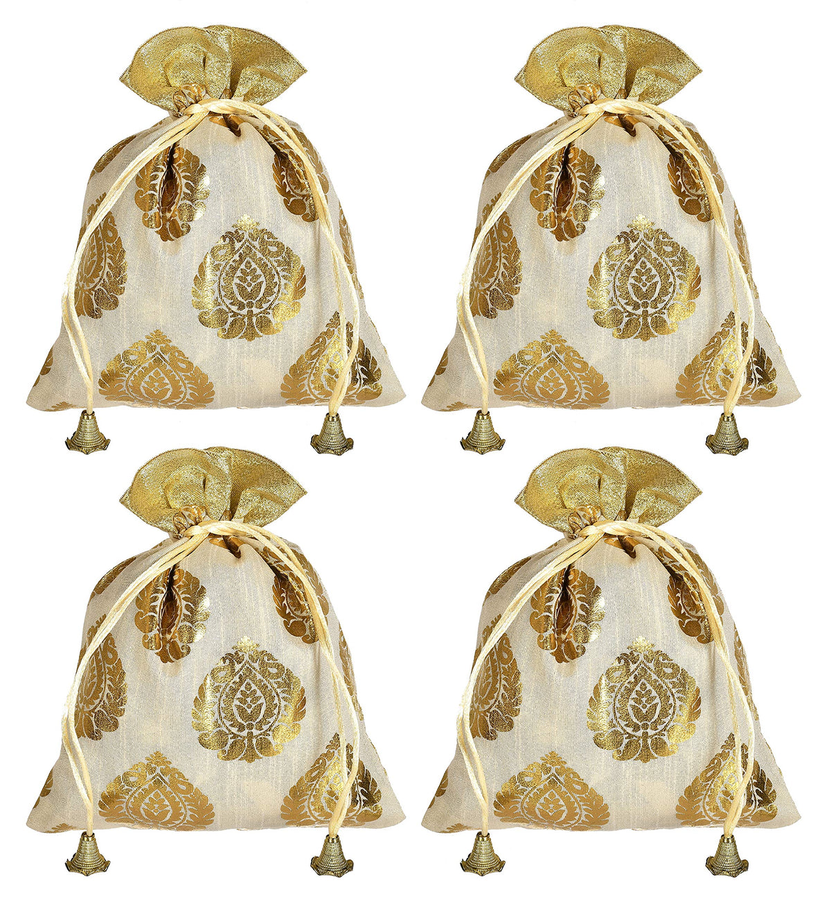 Kuber Industries Leaf Design Drawstring Potli Bag Party Wedding Favor Gift Jewelry Bags-Pack of 4 (Gold)