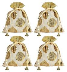 Kuber Industries Leaf Design Drawstring Potli Bag Party Wedding Favor Gift Jewelry Bags-Pack of 4 (Gold)